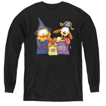 Black youth long sleeve t-shirt with Garfield Grab Bags graphic