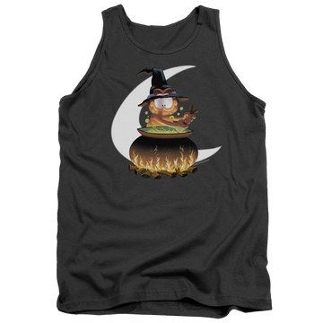 Charcoal men's tank with Garfield Stir The Pot graphic