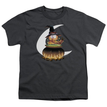 Charcoal youth t-shirt for ages 8 to 12 with Garfield Stir The Pot graphic