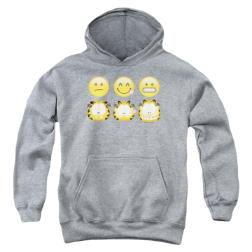 Athletic heather youth hoodie for ages 8 to 12 with Garfield Emojis graphic