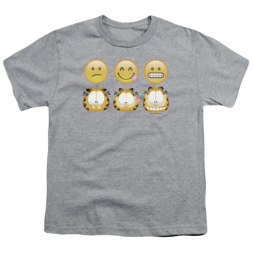 Athletic heather youth t-shirt for ages 8 to 12 with Garfield Emojis graphic