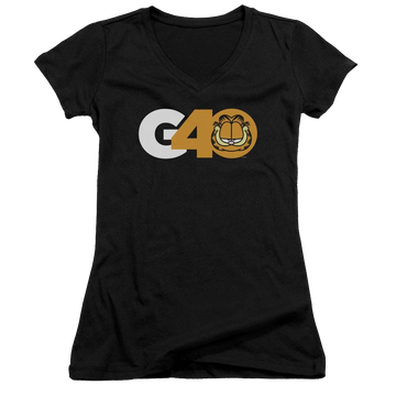 Black juniors v-neck t-shirt with Garfield G40 graphic