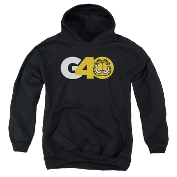 Black youth hoodie for ages 8 to 12 with Garfield G40 graphic