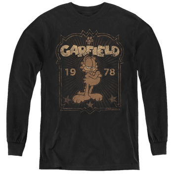 Black youth long sleeve t-shirt with Garfield Est 1978 graphic