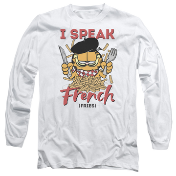 White men's long sleeve t-shirt with Garfield Speaking Love graphic