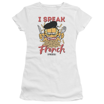 White juniors t-shirt with Garfield Speaking Love graphic