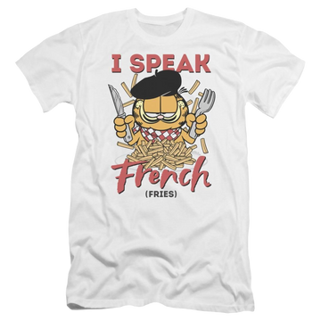 White men's premium slim fit t-shirt with Garfield Speaking Love graphic