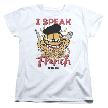 White women's t-shirt with Garfield Speaking Love graphic