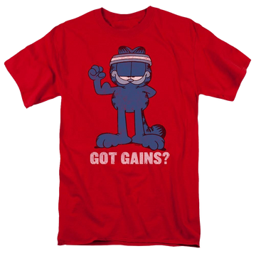 Red men's regular fit t-shirt with Garfield Got Gains graphic