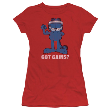 Red juniors t-shirt with Garfield Got Gains graphic