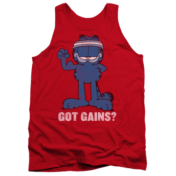 Red men's tank with Garfield Got Gains graphic