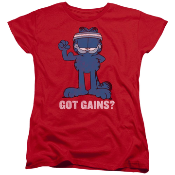 Red women's t-shirt with Garfield Got Gains graphic