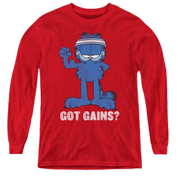 Red youth long sleeve t-shirt with Garfield Got Gains graphic