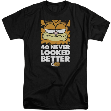 Black men's tall fit t-shirt with Garfield 40 Looks graphic