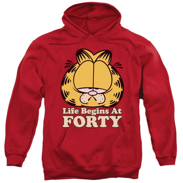 Red pullover hoodie with Garfield Life Begins At Forty graphic