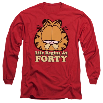 Red men's long sleeve t-shirt with Garfield Life Begins At Forty graphic