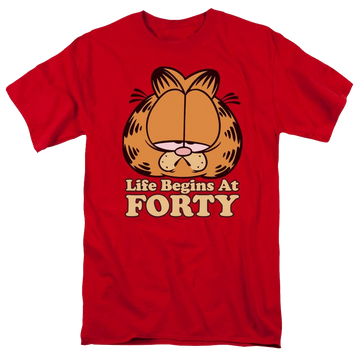 Red men's regular fit t-shirt with Garfield Life Begins At Forty graphic