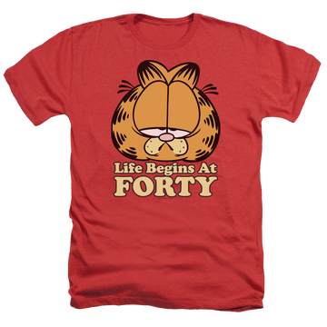 Red men's heather t-shirt with Garfield Life Begins At Forty graphic