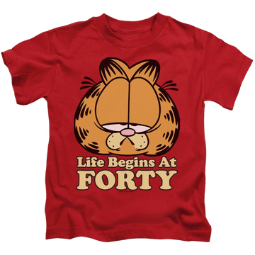 Red kid's t-shirt for ages 4 to 7 with Garfield Life Begins At Forty graphic
