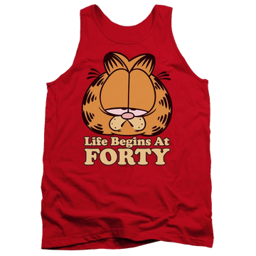 Red men's tank with Garfield Life Begins At Forty graphic