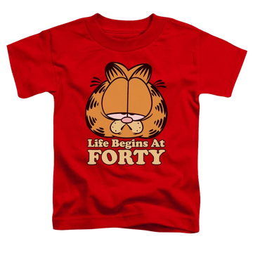Red toddler t-shirt with Garfield Life Begins At Forty graphic