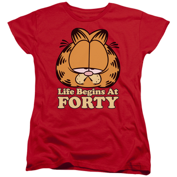 Red women's t-shirt with Garfield Life Begins At Forty graphic