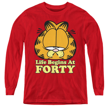 Red youth long sleeve t-shirt with Garfield Life Begins At Forty graphic