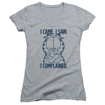 Athletic heather juniors v-neck t-shirt with Garfield I Complained graphic