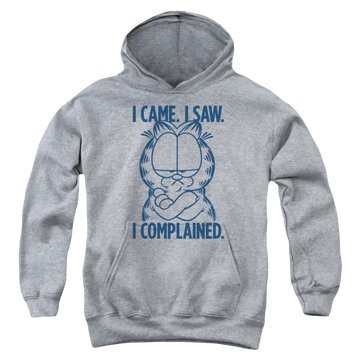 Athletic heather youth hoodie for ages 8 to 12 with Garfield I Complained graphic