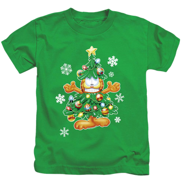 Kelly green kid's t-shirt for ages 4 to 7 with Garfield Tree graphic