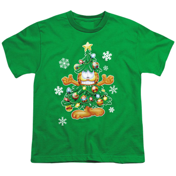 Kelly green youth t-shirt for ages 8 to 12 with Garfield Tree graphic