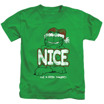 Kelly green kid's t-shirt for ages 4 to 7 with Garfield A Little Naughty graphic