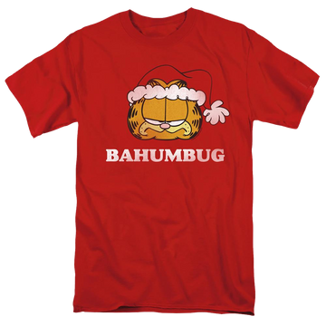 Red men's regular fit t-shirt with Garfield Bahumbug graphic