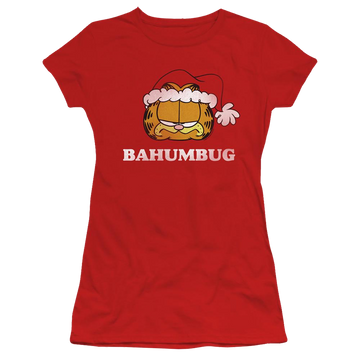 Red juniors t-shirt with Garfield Bahumbug graphic