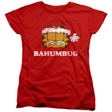 Red women's t-shirt with Garfield Bahumbug graphic