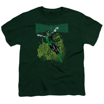 Hunter green youth t-shirt for ages 8 to 12 with Green Lantern Gl#166 Cover graphic