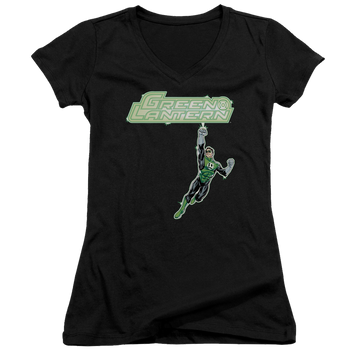 Black juniors v-neck t-shirt with Green Lantern Energy Construct Logo graphic