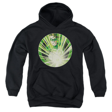 Black youth hoodie for ages 8 to 12 with Green Lantern Light Em Up graphic
