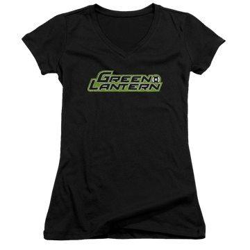 Black juniors v-neck t-shirt with Green Lantern Scribble Title graphic
