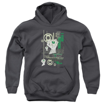 Charcoal youth hoodie for ages 8 to 12 with Green Lantern Core Strength graphic