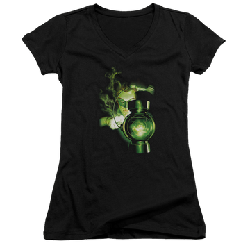 Black juniors v-neck t-shirt with Green Lantern Lantern Light graphic