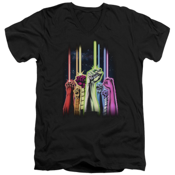 Black men's v-neck t-shirt with Green Lantern Rainbow Corps graphic