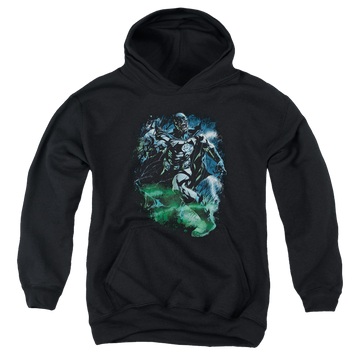 Black youth hoodie for ages 8 to 12 with Green Lantern Black Lantern Batman graphic