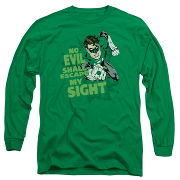 Kelly green men's long sleeve t-shirt with Green Lantern No Evil graphic