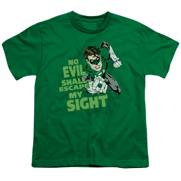 Kelly green youth t-shirt for ages 8 to 12 with Green Lantern No Evil graphic