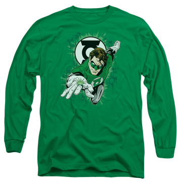Kelly green men's long sleeve t-shirt with Green Lantern Ring First graphic