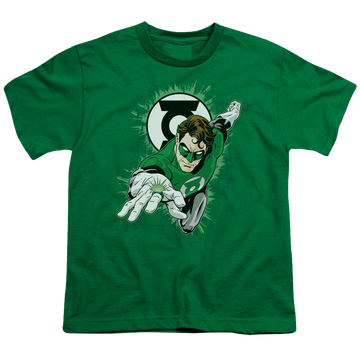 Kelly green youth t-shirt for ages 8 to 12 with Green Lantern Ring First graphic