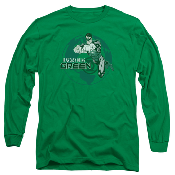 Kelly green men's long sleeve t-shirt with Green Lantern Easy Being Green graphic