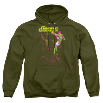Military green pullover hoodie with Green Lantern Lantern Spray graphic