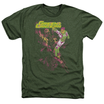 Military green men's heather t-shirt with Green Lantern Lantern Spray graphic